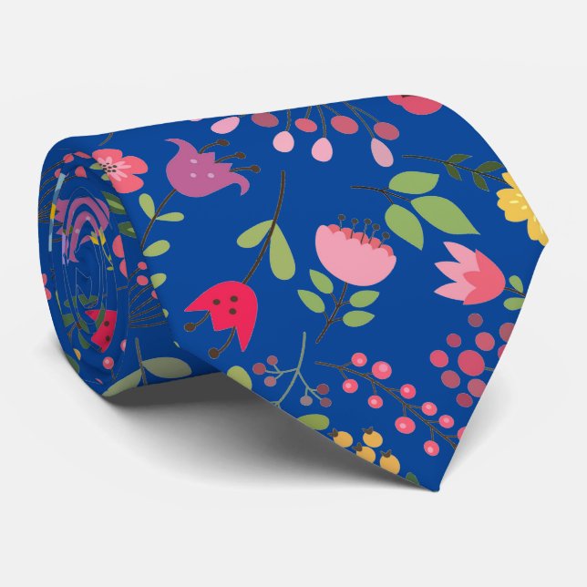 Spring Wildflowers Floral Design on Blue Neck Tie (Rolled)