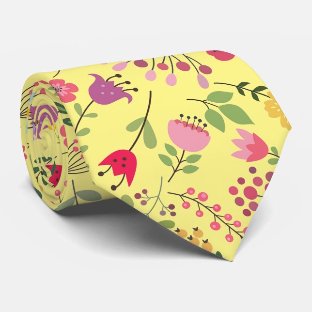 Spring Wildflowers Floral Design on Butter Yellow Neck Tie (Rolled)
