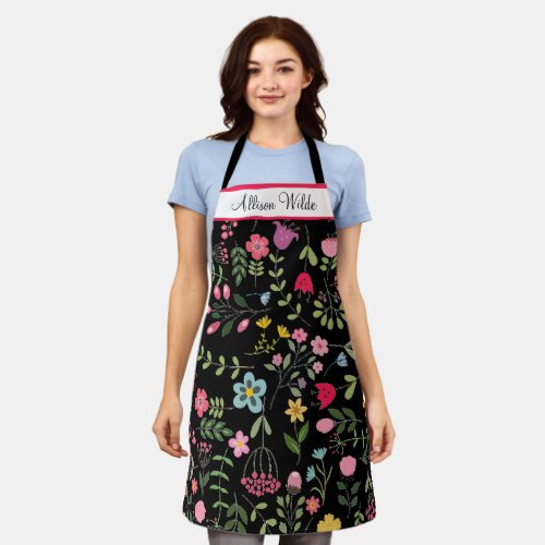 Spring Wildflowers Florals on Black Personalized Apron