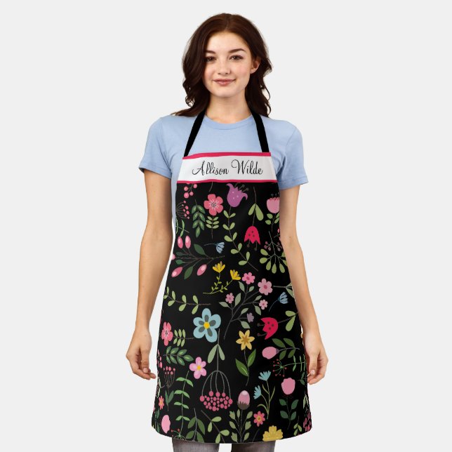 Spring Wildflowers Florals on Black Personalized Apron (Worn)