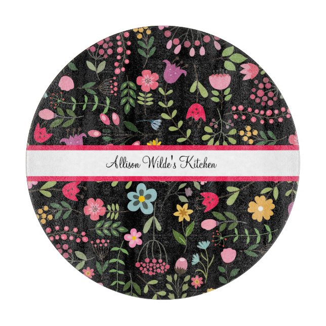 Spring Wildflowers Florals on Black Personalized Cutting Board (Front)