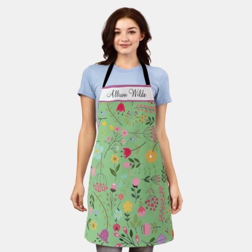 Spring Wildflowers Florals on Sage Personalized Apron