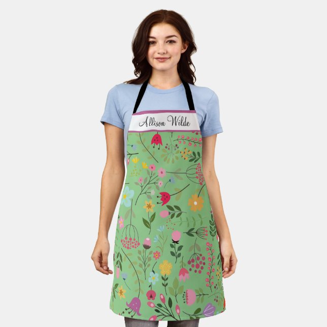 Spring Wildflowers Florals on Sage Personalized Apron (Worn)