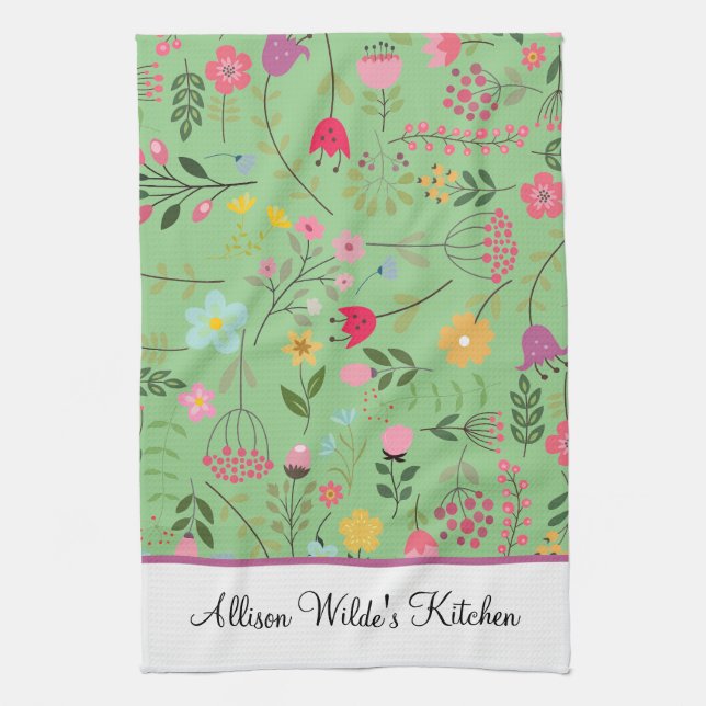 Spring Wildflowers Florals on Sage Personalized Kitchen Towel (Vertical)
