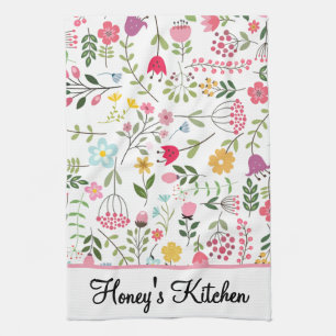 Spring Wildflowers Florals on White Personalized Kitchen Towel