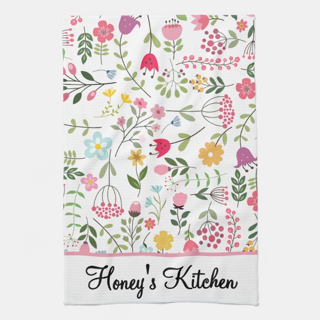 Spring Wildflowers Florals on White Personalized Kitchen Towel (Vertical)