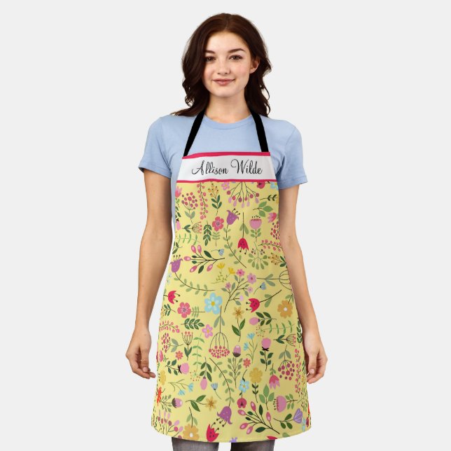 Spring Wildflowers Florals on Yellow Personalized Apron (Worn)