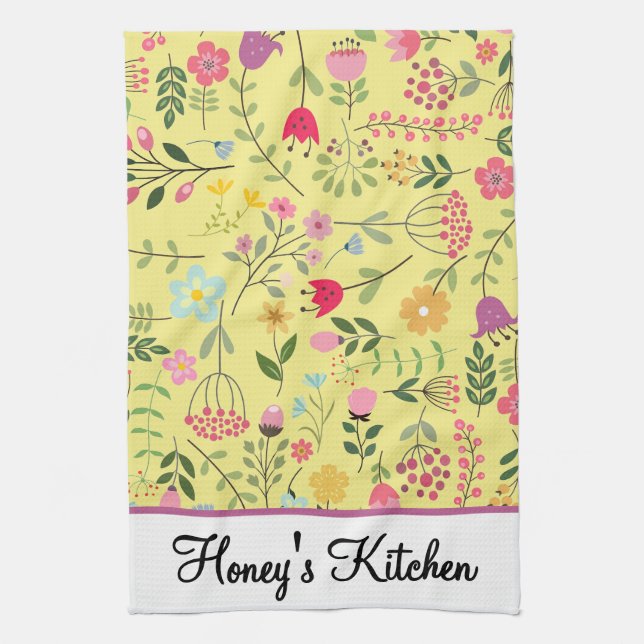 Spring Wildflowers Florals on Yellow Personalized Kitchen Towel (Vertical)