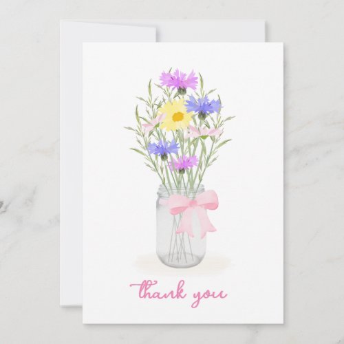 Spring Wildflowers in Mason Jar Vase w Pink Bow  Thank You Card