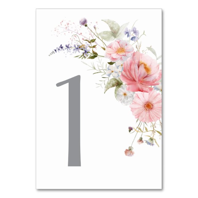 Spring Wildflowers Pink White Wedding Table Number (Front)