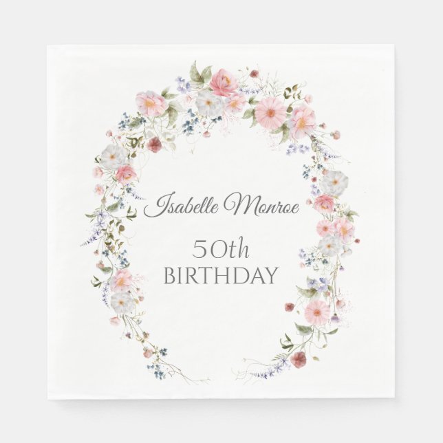 Spring Wildflowers Purple Pink 50th Birthday  Napkins (Front)