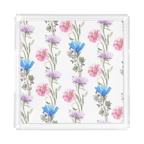Spring wildflowers watercolor botanical pattern acrylic tray