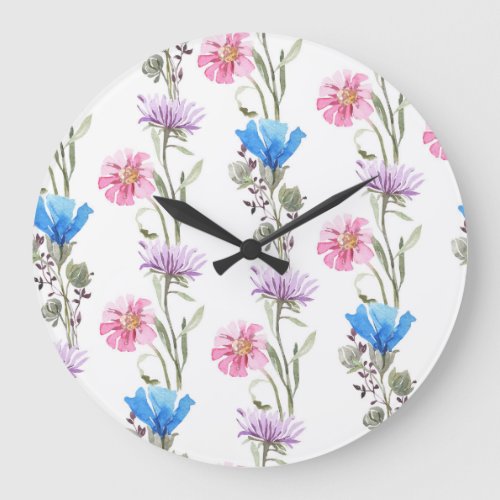 Spring wildflowers watercolor botanical pattern large clock