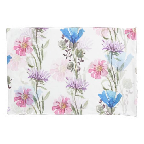 Spring wildflowers watercolor botanical pattern pillow case
