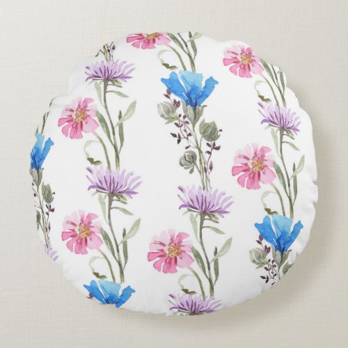 Spring wildflowers watercolor botanical pattern round pillow
