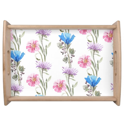 Spring wildflowers watercolor botanical pattern serving tray