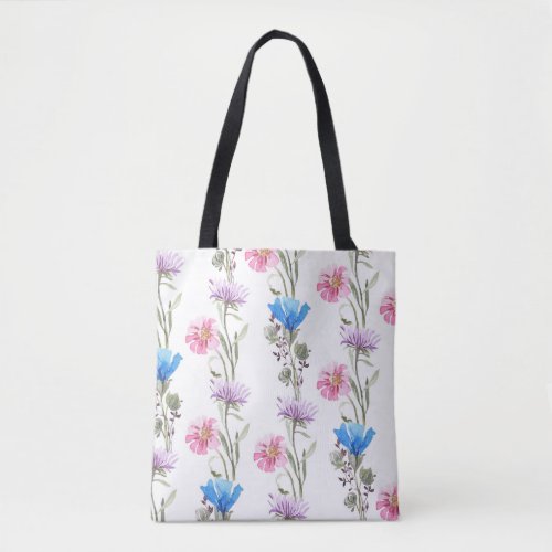 Spring wildflowers watercolor botanical pattern tote bag