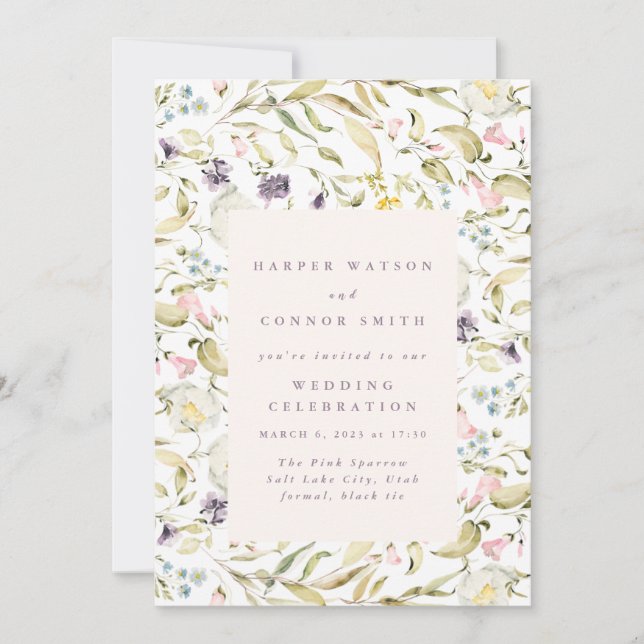 Spring Wildflowers Watercolor Frame Wedding Invitation (Front)