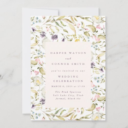 Spring Wildflowers Watercolor Frame Wedding Invitation