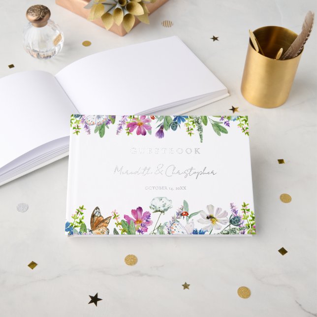 Spring Wildflowers Wedding Real Foil Foil Guest Book (Front Open)