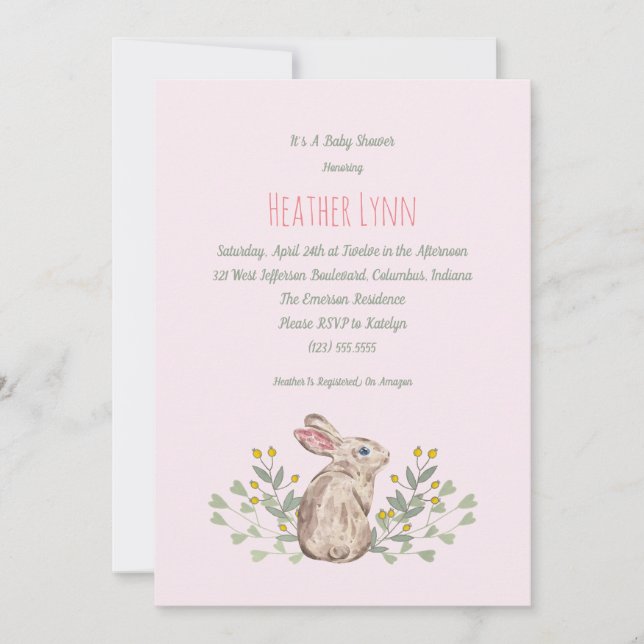 Spring Woodland Rabbit Baby Girl Shower Invitation (Front)