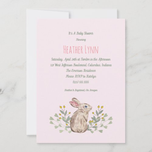 Spring Woodland Rabbit Baby Girl Shower Invitation