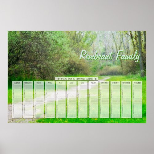 Spring Woods Path Family Special Days Calendar Poster