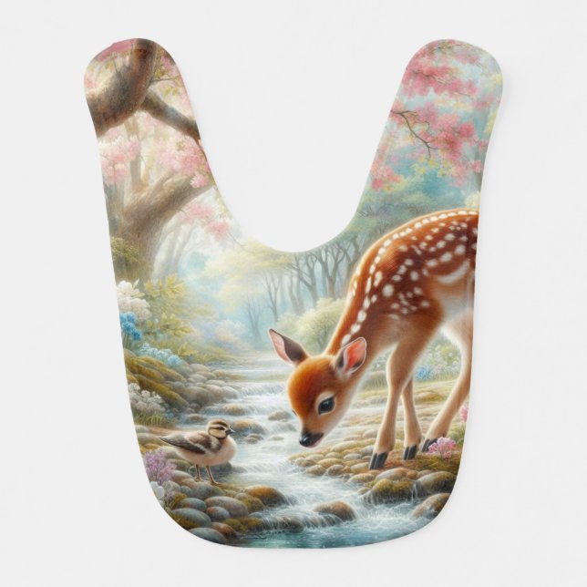 Spring woods with duck and fawn/deer  baby bib (Front)