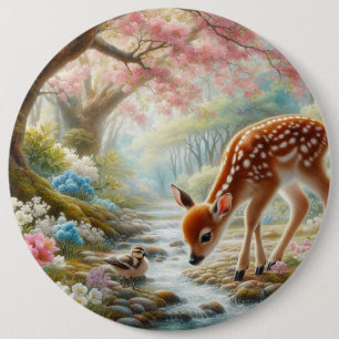 Spring woods with duck and fawn/deer  button