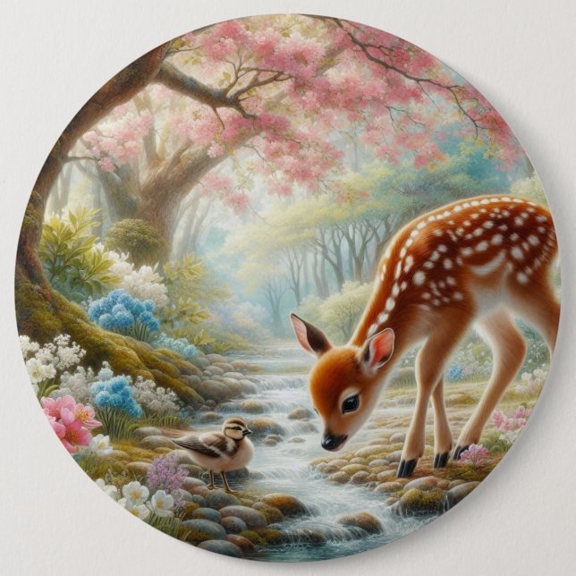 Spring woods with duck and fawn/deer  button (Front)