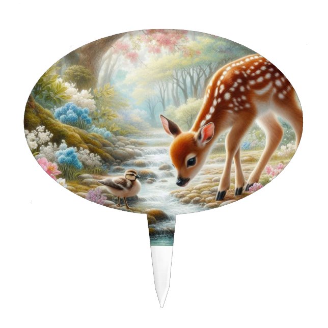 Spring woods with duck and fawn/deer  cake topper (Front)