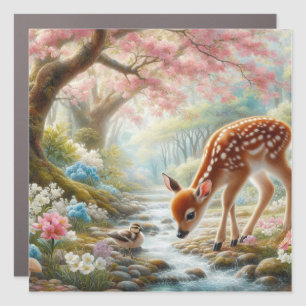 Spring woods with duck and fawn/deer car magnet