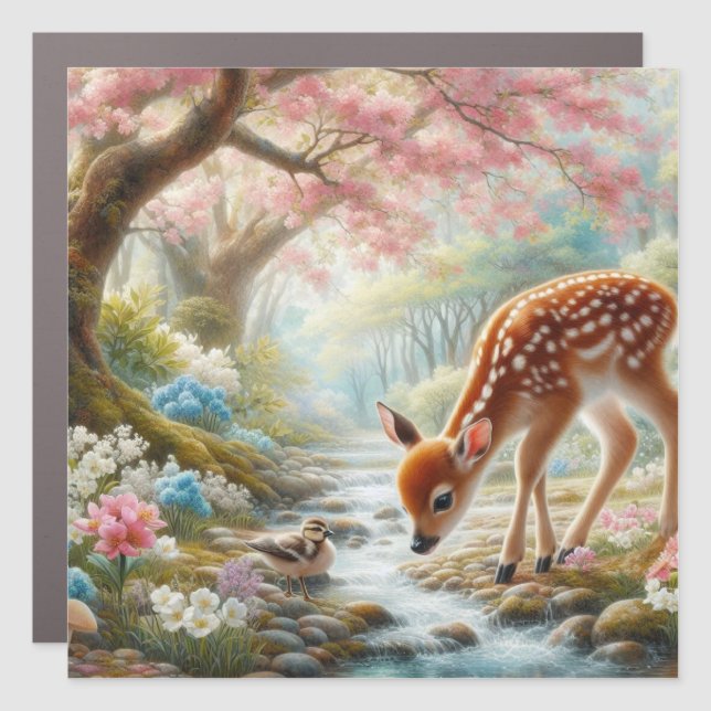 Spring woods with duck and fawn/deer  car magnet (Front)