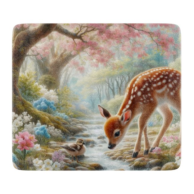 Spring woods with duck and fawn/deer  cutting board (Front)