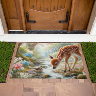 Spring woods with duck and fawn/deer  doormat