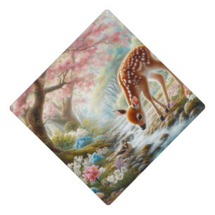 Spring woods with duck and fawn/deer graduation cap topper