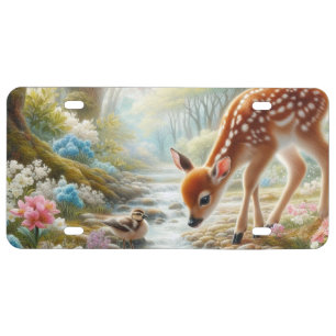 Spring woods with duck and fawn/deer  license plate