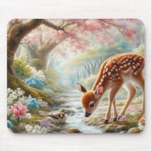 Spring woods with duck and fawn/deer mouse pad