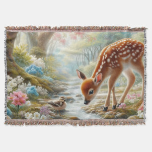 Spring woods with duck and fawn/deer throw blanket