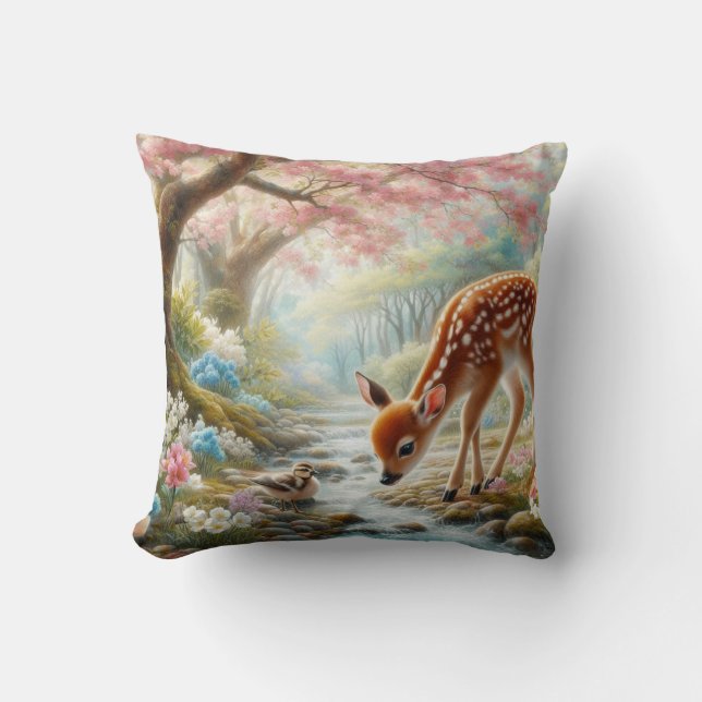 Spring woods with duck and fawn/deer  throw pillow (Front)