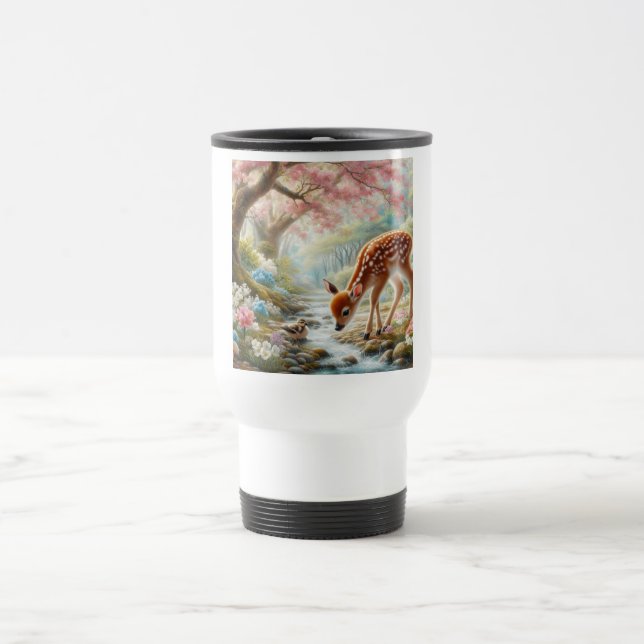 Spring woods with duck and fawn/deer  travel mug (Center)