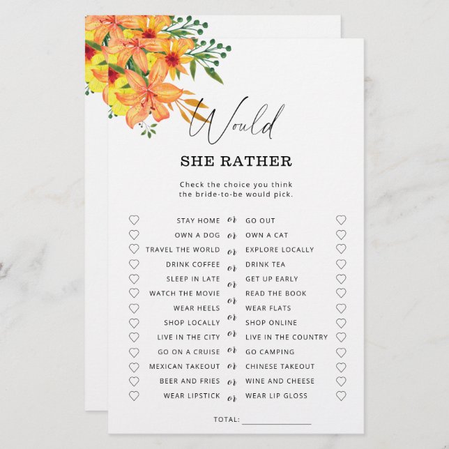 Spring Would she rather bridal shower game (Front/Back)