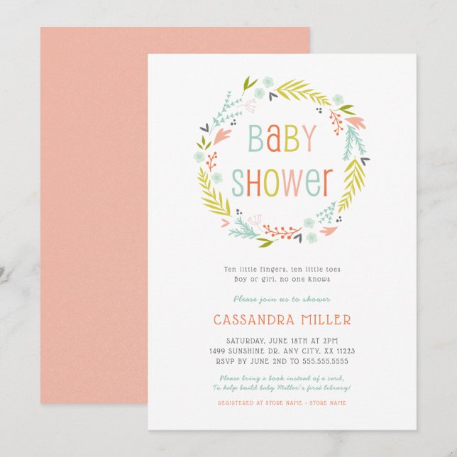 Spring Wreath Girl Baby Shower Invitation (Front/Back)