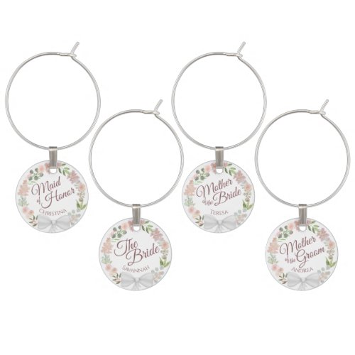 Spring Wreath Pink Watercolor Bridal Party Wedding Wine Charm