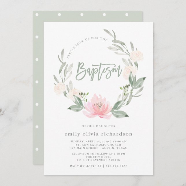 Spring Wreath | Watercolor Floral Baptism Invitation (Front/Back)