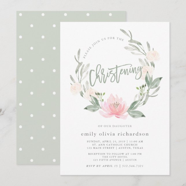 Spring Wreath | Watercolor Floral Christening Invitation (Front/Back)