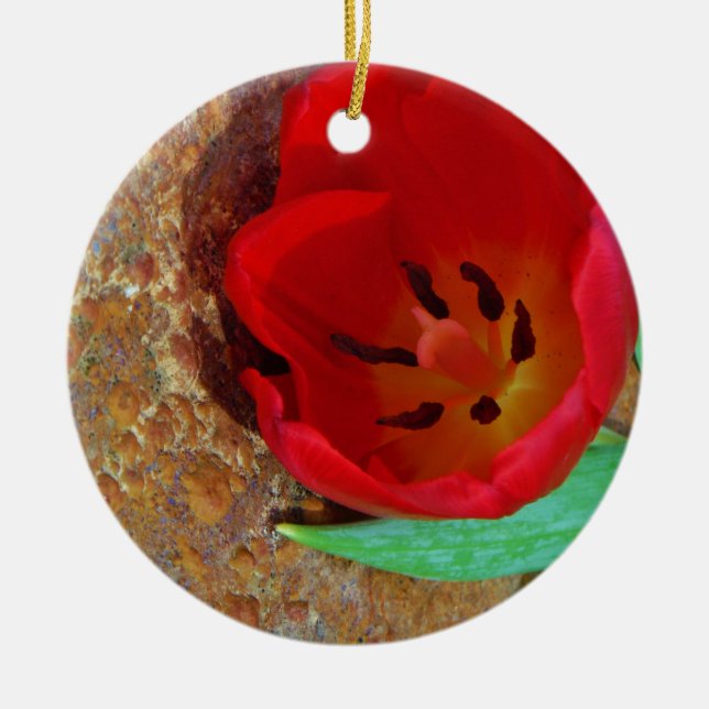 Spring yellow and Red Tulip Ceramic Ornament (Front)