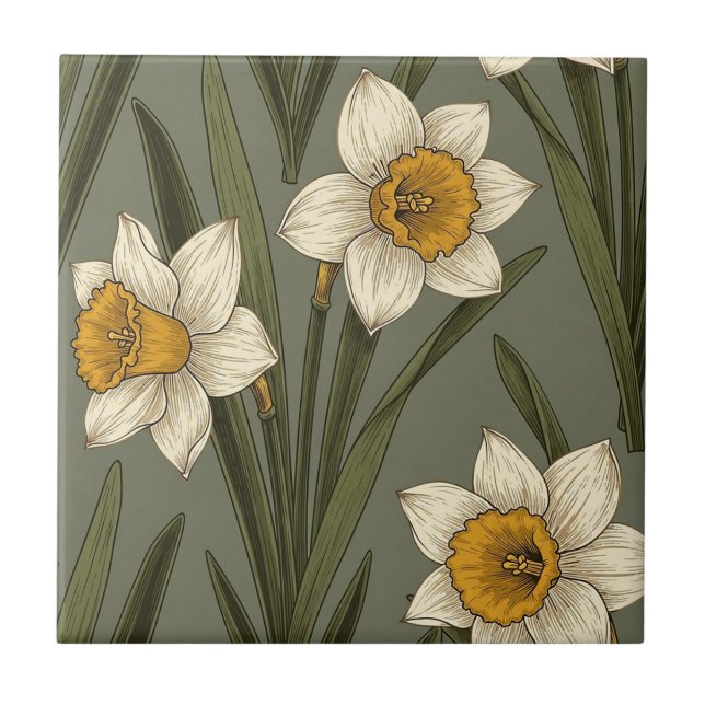 Spring Yellow Daffodil Floral Botanical Pattern Ceramic Tile (Front)