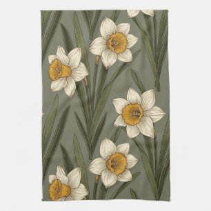 Spring Yellow Daffodil Floral Botanical Pattern Kitchen Towel