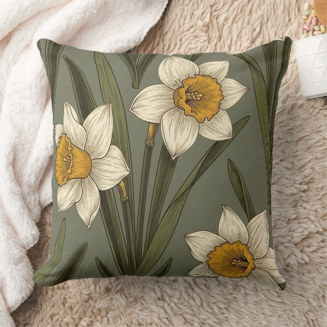 Spring Yellow Daffodil Floral Botanical Pattern Throw Pillow (Blanket)